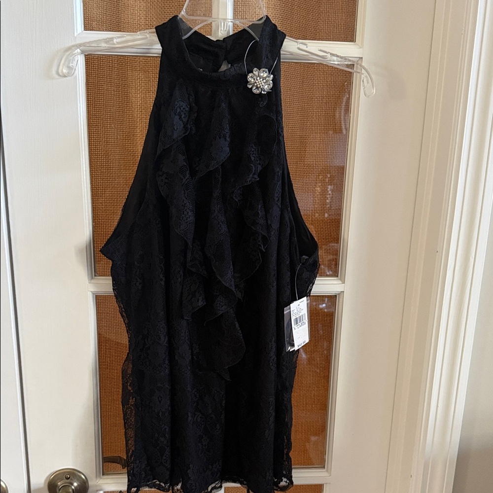 3/$20 AB Studio Black Lace Halter Top with Front Ruffle and Brooch Accent
